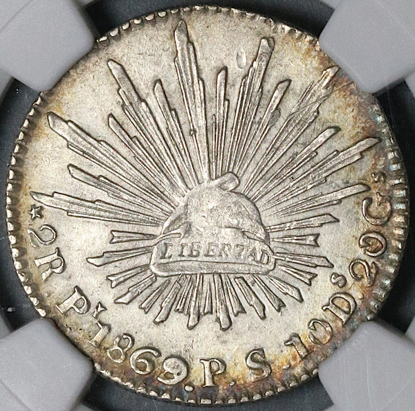 1869/8-Pi NGC AU Det Mexico 2 Reales Potosi Overdate Cap Rays Coin (21111302C)