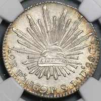 1869/8-Pi NGC AU Det Mexico 2 Reales Potosi Overdate Cap Rays Coin (21111302C)