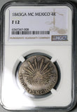 1843-Ga NGC F 12 Mexico 4 Reales Guadalajara Cap Rays Silver Coin (23040103C)