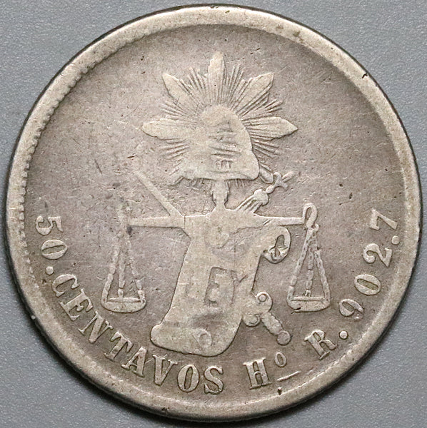1874-Ho Mexico 50 Centavos Hermosillo Mint Balance Scale Silver Coin (23122807R)