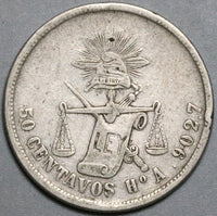 1880-Ho Mexico 50 Centavos AVF Hermosillo Balance Scale Silver Coin (23122808R)