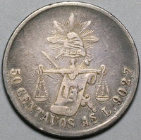 1885-As Mexico 50 Centavos AXF Alamos Mint 21K Balance Scale Silver Coin (23122810R)