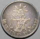 1885-As Mexico 50 Centavos AXF Alamos Mint 21K Balance Scale Silver Coin (23122810R)
