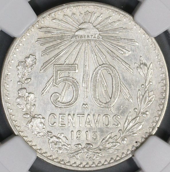 1913/07 NGC AU Det Mexico 50 Centavos Rare Overdate Silver Coin (21090604C)