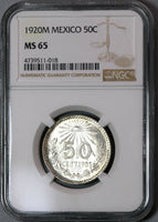 1920 NGC MS 65 Mexico 50 Centavos Mint State Silver Coin (19100404C)