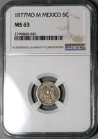 1877/6-Mo NGC MS 63 Mexico 5 Centavos Rare Overdate Silver 80K Coin (22060102C)