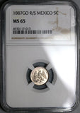 1887-Go R/S NGC MS 65 Mexico 5 Centavos Guanajuato Gem Silver Coin POP 2/2 (22112002C)