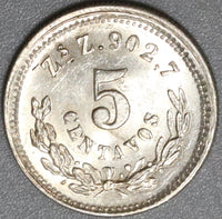 1890-Zs Mexico 5 Centavos UNC Zacatecas Silver Coin (20060504R)
