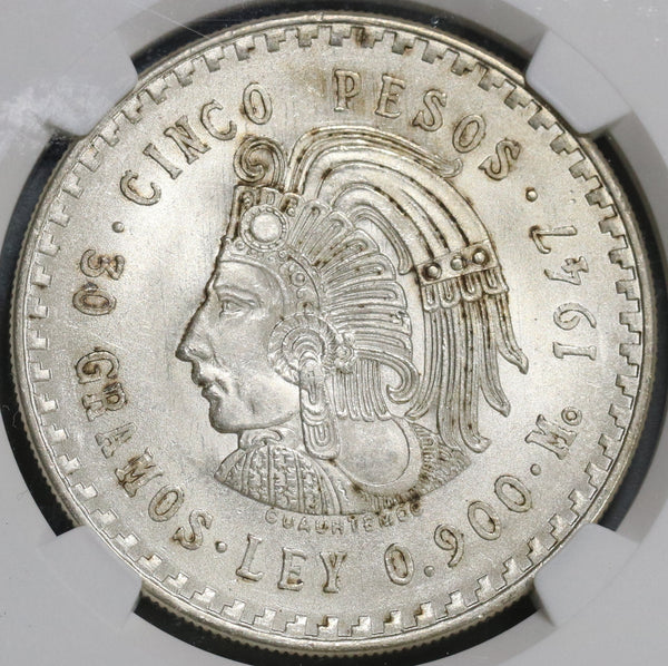 1947 NGC MS 66 Mexico 5 Pesos Cuahtemoc Aztec Mint State Silver Coin (19080901C)