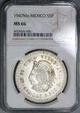 1947 NGC MS 66 Mexico 5 Pesos Cuahtemoc Aztec Mint State Silver Coin (19080901C)