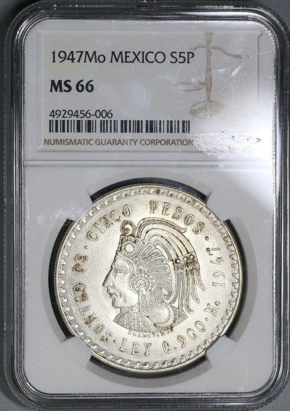 1947 NGC MS 66 Mexico 5 Pesos Cuahtemoc Aztec Mint State Silver
