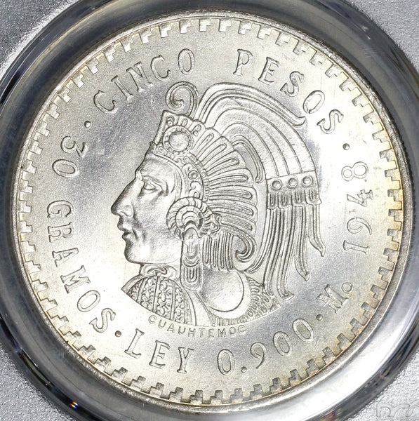 1948 PCGS MS 67 Mexico 5 pesos Cuauhtemoc Silver Aztec Emperor