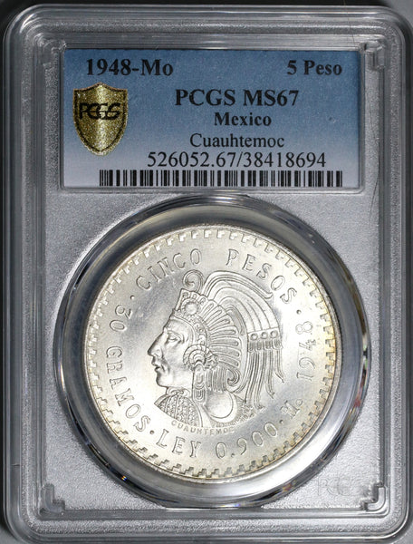 1948 PCGS MS 67 Mexico 5 pesos Cuauhtemoc Silver Aztec Emperor