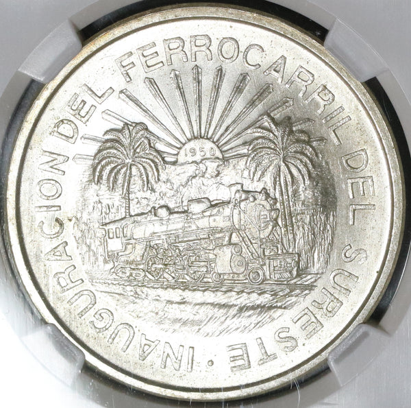 1950 NGC MS 64 Mexico 5 Pesos Southern Railroad Silver Train Coin  (19122801R)