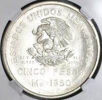 1950 NGC MS 64 Mexico 5 Pesos Southern Railroad Silver Train Coin (19122801R)