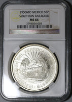 1950 NGC MS 64 Mexico 5 Pesos Southern Railroad Silver Train Coin (19122801R)