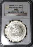 1950 NGC MS 64 Mexico 5 Pesos Southern Railroad Silver Train Coin (19122801R)