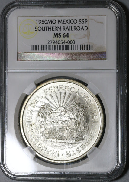 1950 NGC MS 64 Mexico 5 Pesos Southern Railroad Silver Train Coin (191 –  Caesar's Ghost Numismatics