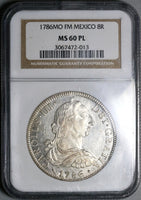 1786 NGC MS 60 PL Mexico 8 Reales Charles III Proof Like Colonial Silver Coin (21111703C)