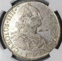 1797 NGC MS 62 Mexico 8 Reales Charles IV Pillars Silver Coin (23011603C)