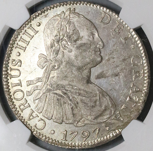 1797 NGC MS 62 Mexico 8 Reales Charles IV Pillars Silver Coin