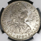 1797 NGC MS 62 Mexico 8 Reales Charles IV Pillars Silver Coin (23011603C)
