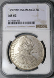 1797 NGC MS 62 Mexico 8 Reales Charles IV Pillars Silver Coin (23011603C)