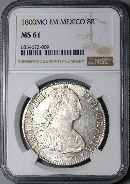 ロイヤル出品　8/18 1800 NGC MS 61 Mexico 8 Reales Charles IV Pillars Spain Colonial