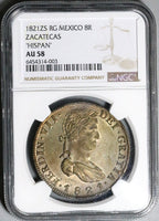 1821 Zs NGC AU 58 Mexico 8 Reales Zacatecas War Independence Silver Dollar Coin (22052201D)