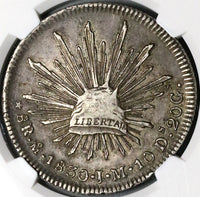 1830-Mo NGC AU 53 Mexico 8 Reales Cap Rays Scarce Silver Coin (23032601C)