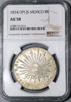 1834/3-Pi NGC AU 58 Mexico 8 Reales Potosi Rare Overdate Silver Coin (20060901C)