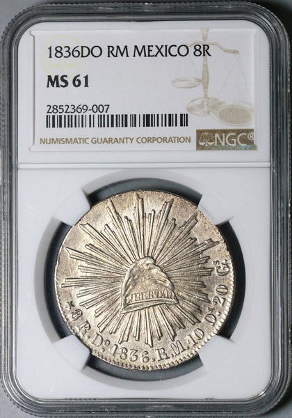 1836-Do NGC MS 61 Mexico 8 Reales Durango Mint State Rare Silver