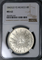 1842-Go PJ NGC MS 62 Mexico 8 Reales Guanajuato Cap Rays Silver Coin (22010201D)