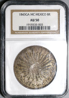 1843-Ga MC NGC AU 50 Mexico 8 Reales Guadalajara Mint Rare Silver Coin (20031701C)