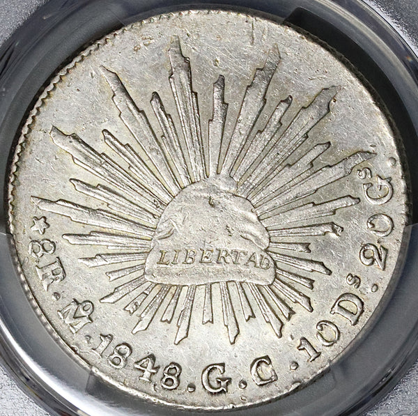 1848-Mo GC PCGS AU Mexico 8 Reales Cap Rays Rare Silver Dollar Coin (22080404C)