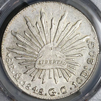 1848-Mo GC PCGS AU Mexico 8 Reales Cap Rays Rare Silver Dollar Coin (22080404C)