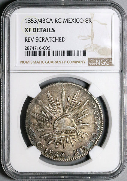 1853/43-Ca NGC XF Mexico 8 Reales Chihuahua Cap Rays Silver Coin