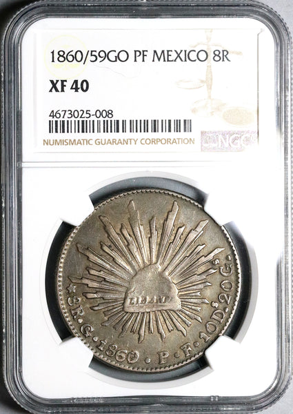 1860/59-Go NGC XF 40 Mexico 8 Reales Guanajuato Overdate