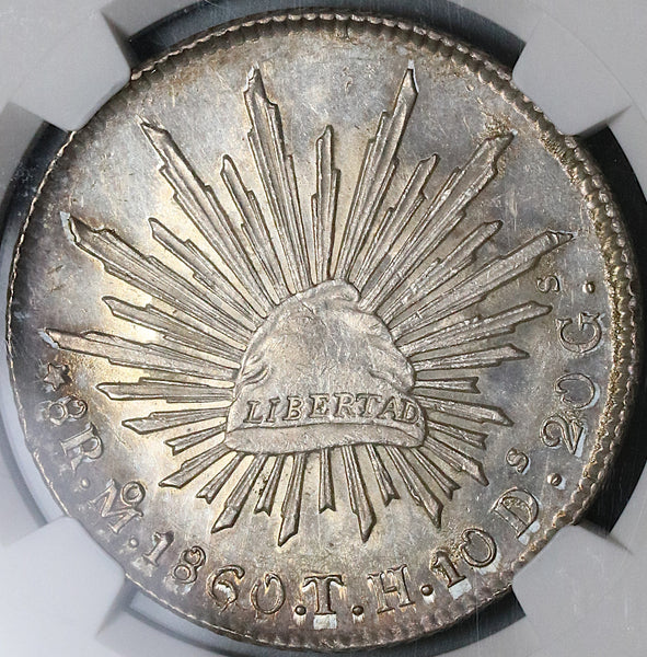 1860-Mo TH NGC MS 64+ Mexico 8 Reales Mint State Silver Coin POP 1/2 (22050301C)