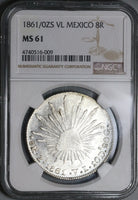 1861/0-Zs NGC MS 61 Mexico 8 Reales Zacatecas Overdate Mint State Silver Coin (22102503C)