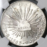 1863-Go NGC MS 62 Mexico 8 Reales Guanajuato Cap Rays Silver Coin (23031201D)