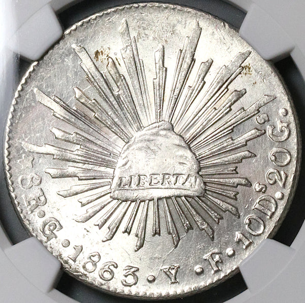 1863-Go NGC MS 62 Mexico 8 Reales Guanajuato Cap Rays Silver Coin (23031201D)