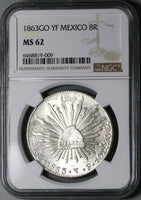 1863-Go NGC MS 62 Mexico 8 Reales Guanajuato Cap Rays Silver Coin (23031201D)