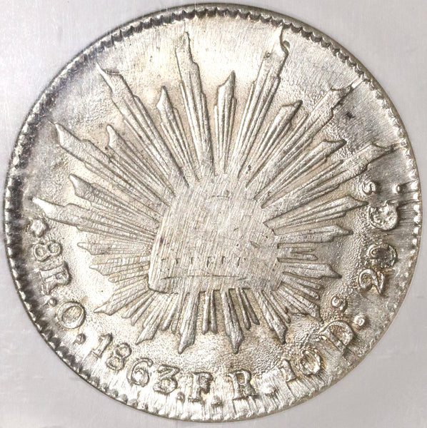 1863-O FR NGC MS 62 Mexico 8 Reales Oaxaca Mint Scarce Silver Dollar Coin (20070401C)