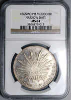 1868-Mo PH NGC MS 64 Mexico 8 Reales Cap Rays Silver Coin POP 2/0 (23030401C)