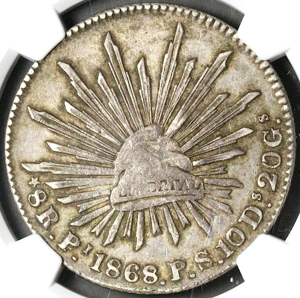 1868/7-Pi NGC VF Mexico 8 Reales Potosi Scarce Cap Rays Silver Coin (23030101C)