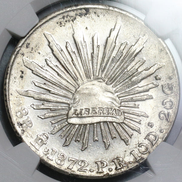 1872-Ho NGC UNC Det Mexico 8 Reales Scarce Hermosillo Silver Coin (19103002C)