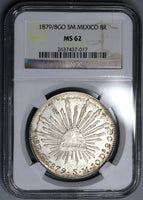 1879/8-Go NGC MS 62 Mexico 8 Reales Scarce Guanajuato Overdate Silver Coin (21090407C)