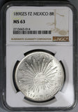 1890-Zs NGC MS 63 Mexico 8 Reales Mint State Lustrous Silver Coin (19070601C)