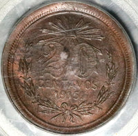 1915 PCGS MS 63 Aguascalientes 20 centavos Mexico Revolution RB Coin POP 1/0 (23012901D)